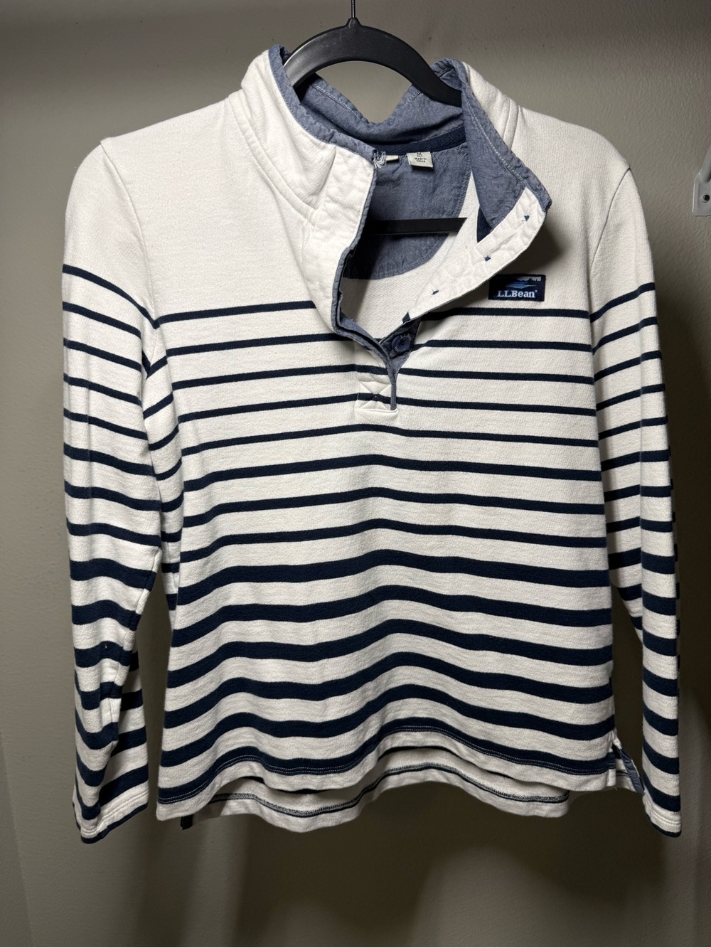 L.L. Bean White and Navy Striped Cowl Neck Sweater